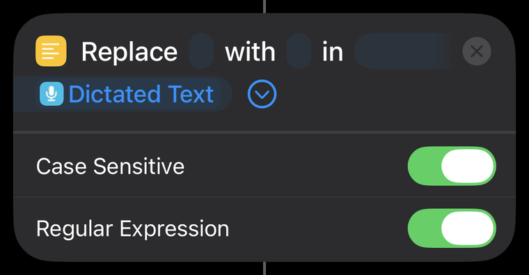 The Replace action expanded, showing the Case Sensitive and Regular Expression switches both turned on.