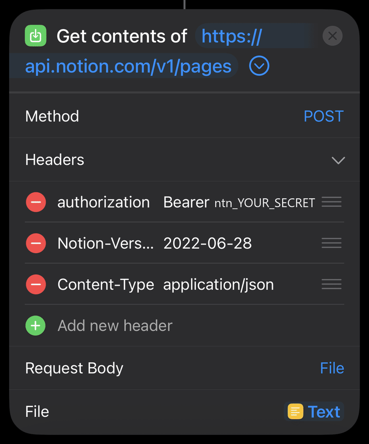 The Get Contents of URL action expanded, with Method POST, three headers, and Request Body set to File.